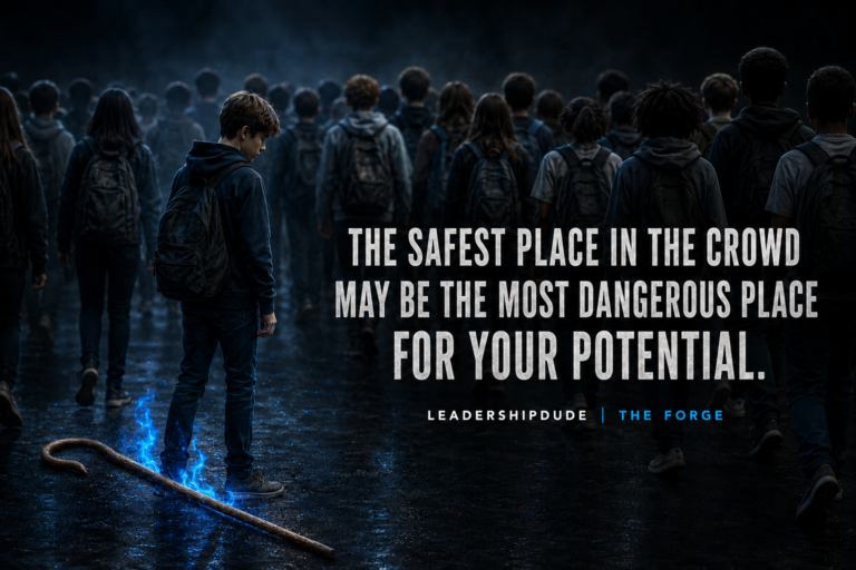 A middle-school student pauses beside a shepherd’s staff while the crowd moves forward, illustrating the courage to lead yourself.